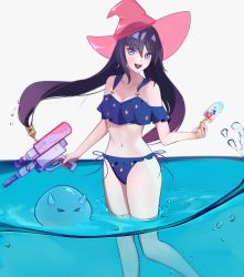 Rule 34 | 1girl, bikini, bikini bottom only, blue bikini, blue eyes, breasts, cleavage, food, genshin impact, hat, highres, holding, holding food, holding water gun, hyafumi, mona (genshin impact), open mouth, partially submerged, popsicle, slime (genshin impact), small breasts, smile, solo, summer, swimsuit, twintails, water, water gun, witch hat