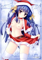 Rule 34 | 1girl, absurdres, animal ear fluff, animal ears, animal hood, blue hair, blush, breasts, cameltoe, christmas, clothes lift, highres, hood, lifted by self, long hair, looking at viewer, medium breasts, navel, nipples, no bra, open clothes, panties, purple eyes, skirt, skirt lift, solo, tail, thighhighs, two side up, underwear, very long hair, white thighhighs, yamamoto kazue