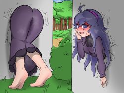 Rule 34 | 1girl, @ @, ass, barefoot, blue sky, blush, breasts, breath, bush, cloud, crack, cracked wall, creatures (company), day, dress, feet, female focus, frostyneko, game freak, grass, hairband, hand on own cheek, hand on own face, heart, hex maniac (pokemon), highres, long dress, long hair, long sleeves, nintendo, open mouth, outdoors, outdoors sex, parted lips, pokemon, pokemon xy, purple dress, purple eyes, purple hair, purple hairband, pussy juice, sky, smile, soles, solo, speech bubble, spoken heart, stuck, sweat, textless version, thighs, through wall, tiptoes, toes, tree, wall, wavy mouth