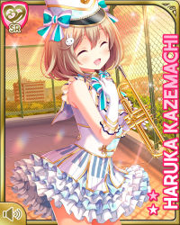 Rule 34 | 1girl, blush, bow, bowtie, brown hair, character name, city, closed eyes, day, girlfriend (kari), gloves, hair ornament, hairclip, hat, instrument, kazemachi haruka, looking at viewer, official art, open mouth, outdoors, pink eyes, qp:flapper, rabbit hair ornament, short hair, skirt, smile, solo, sunset, tagme, tareme, treble clef, white bow, white gloves, white hat, white skirt