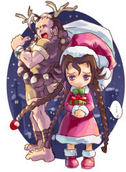 Rule 34 | ..., 1boy, 1girl, :d, ^ ^, ahoge, anita (vampire), antlers, barefoot, beads, blush, boots, bow, bowtie, box, braid, brown hair, building, capcom, carrying over shoulder, christmas, closed eyes, donovan baine, dress, full body, fur trim, gift, gift box, green bow, green bowtie, hair flaps, hat, holding, holding gift, horns, katahira masashi, legs apart, long hair, long sleeves, looking down, muscular, night, night sky, open mouth, orb, pointing, pointing at self, purple eyes, red bow, red dress, red footwear, red hat, reindeer antlers, sack, santa costume, santa hat, short sleeves, sidelocks, sky, smile, snowing, speech bubble, spoken ellipsis, standing, thumbs up, tri tails, unitard, vampire (game), very long hair, winter, wrist cuffs