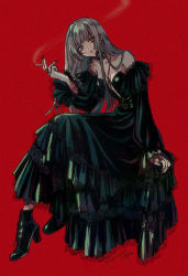 Rule 34 | 1girl, akiyama enma, ankle boots, belt, black dress, blunt bangs, boots, cigarette, collarbone, cross, cross earrings, cross necklace, dress, earrings, fingernails, goth fashion, grey hair, highres, jewelry, lace, lace-trimmed dress, lace trim, long dress, long fingernails, long hair, long sleeves, nail polish, necklace, off-shoulder dress, off shoulder, original, parted lips, plunging neckline, red background, red eyes, red nails, ring, sitting, smoking, solo