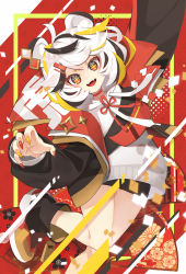 Rule 34 | + +, 1girl, absurdres, animal ears, arm up, black footwear, black hair, black jacket, black shorts, boots, chinese zodiac, choker, claw pose, commentary, ear ornament, fangs, fingernails, floral background, hair ornament, hairclip, highres, hood, hood down, hoodie, jacket, kanji, leaning to the side, leg up, looking at viewer, multicolored hair, nail polish, new year, no socks, nomu (29 nom), open clothes, open jacket, open mouth, orange eyes, orange hair, original, red choker, sharp fingernails, short hair, short shorts, shorts, smile, solo, standing, standing on one leg, swept bangs, tiger ears, tiger girl, translated, white hoodie, year of the tiger