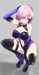 Rule 34 | 1girl, absurdres, aiuti, black footwear, black leotard, black thighhighs, boots, breasts, breath, cleavage, cleavage cutout, clothing cutout, elbow gloves, fate/grand order, fate (series), gloves, grey background, hair over one eye, highres, leotard, looking at viewer, mash kyrielight, medium breasts, navel cutout, purple eyes, purple gloves, purple hair, short hair, simple background, solo, squatting, thighhighs, tile floor, tiles