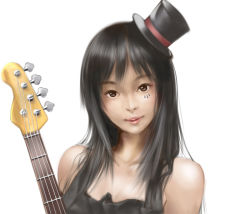 Rule 34 | 1girl, akiyama mio, bare shoulders, bass guitar, black eyes, black hair, don&#039;t say &quot;lazy&quot;, facepaint, guitar, hat, instrument, k-on!, long hair, realistic, simple background, solo, sukizo, top hat, upper body