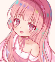 Rule 34 | 1girl, :d, bare shoulders, blunt bangs, blush, brown background, collarbone, dress, facial mark, hairband, long hair, looking at viewer, lowres, open mouth, original, pink dress, pink hair, pink hairband, purple eyes, satori (ymoy), shirt, simple background, smile, solo, strap slip, symbol-shaped pupils, upper body, very long hair, white shirt