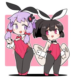 Rule 34 | 2girls, :3, alternate costume, alternate hairstyle, animal ears, black bow, black bowtie, black pantyhose, blush, bow, bowtie, breasts, chibi, cleavage, commentary request, detached collar, fake animal ears, fake tail, flat chest, hair bow, hand up, headgear, high heels, ini (inunabe00), kiritanpo (food), leotard, multiple girls, multiple hair bows, open mouth, oversized food, oversized object, pantyhose, pink background, playboy bunny, ponytail, purple eyes, purple hair, rabbit ears, rabbit tail, red bow, red bowtie, red eyes, red footwear, red leotard, short hair with long locks, simple background, small breasts, smile, standing, strapless, strapless leotard, tail, touhoku kiritan, two-tone background, vocaloid, voiceroid, white background, wide hips, wrist cuffs, yuzuki yukari