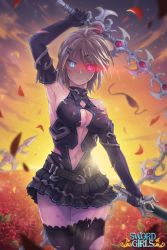 Rule 34 | 1girl, bad id, bad pixiv id, blue eyes, breasts, center opening, cleavage, dual wielding, gloves, glowing, glowing eye, hair ornament, hairclip, heterochromia, holding, iri flina, looking at viewer, navel, rebe11, red eyes, short hair, silver hair, skirt, solo, sunset, sword, sword girls, thighhighs, weapon, whip, whip sword