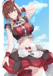 Rule 34 | 1girl, absurdres, aketa mikoto, arm up, blush, breasts, brown eyes, brown hair, cowboy shot, crop top, highres, hourai ninjin, idolmaster, idolmaster shiny colors, large breasts, looking at viewer, medium hair, navel, outdoors, parted lips, red skirt, skirt, sky, solo, standing, thigh strap