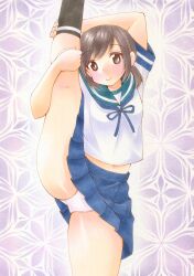 Rule 34 | 1girl, absurdres, black socks, blue bow, blue bowtie, blue skirt, blush, bow, bowtie, breasts, brown eyes, brown hair, film grain, floral background, fubuki (kancolle), green sailor collar, highres, kantai collection, looking at viewer, midriff peek, navel, panties, pantyshot, purple background, sailor collar, shirt, short hair, short sleeves, skirt, small breasts, smile, socks, split, standing, standing on one leg, standing split, twintails, underwear, white panties, white shirt