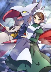 Rule 34 | 1girl, apron, blush, brown hair, closed mouth, collared dress, commentary request, creatures (company), dress, escavalier, eyelashes, fog, game freak, gen 2 pokemon, gen 5 pokemon, green dress, hand up, headdress, holding, holding poke ball, long sleeves, maid (pokemon), nintendo, pantyhose, poke ball, poke ball (basic), pokemon, pokemon (creature), pokemon bw, pon yui, puffy sleeves, shoes, short hair, skarmory, smile, standing, white apron, white pantyhose, yellow eyes