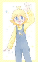 Rule 34 | 1boy, :d, ahoge, akasaka (qv92612), alternate costume, arm up, blonde hair, blue eyes, border, clemont (pokemon), commentary request, creatures (company), game freak, glasses, grey overalls, highres, long sleeves, male focus, medium hair, nintendo, open mouth, overalls, pokemon, pokemon xy, smile, solo, sparkle, sweater, tongue, yellow border, yellow sweater