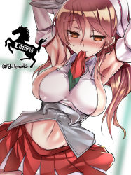 Rule 34 | 10s, 1girl, armpits, arms behind head, bad id, bad pixiv id, blush, breasts, brown hair, character name, colored eyelashes, corset, detached sleeves, female focus, ferrari, hair between eyes, kantai collection, large breasts, light brown hair, littorio (kancolle), long hair, looking at viewer, looking to the side, midriff, miniskirt, mouth hold, navel, pleated skirt, ponytail, red skirt, sideboob, skirt, solo, tokita monta, wavy hair