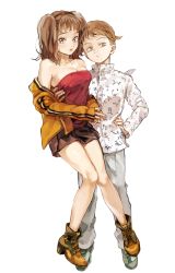 Rule 34 | 1boy, 1girl, awa (12687414), bad id, bad pixiv id, boots, breasts, brown eyes, brown hair, brown skirt, cleavage, couple, diane (nanatsu no taizai), dress shirt, full body, grey pants, hand on own hip, highres, king (nanatsu no taizai), large breasts, long hair, long sleeves, looking at viewer, miniskirt, nanatsu no taizai, pants, pleated skirt, print shirt, red eyes, shirt, simple background, skirt, strapless, twintails, white background, white shirt