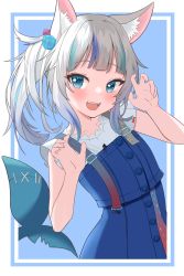 Rule 34 | 1girl, absurdres, animal ear fluff, animal ears, bakedmonogamy, blue eyes, blue hair, blush, breasts, casual, cat ears, fins, fish tail, gawr gura, gawr gura (casual), highres, hololive, hololive english, looking at viewer, multicolored hair, official alternate costume, open mouth, paw pose, ponytail, shark girl, shark tail, sharp teeth, short sleeves, side ponytail, small breasts, solo, streaked hair, tail, teeth, virtual youtuber, white hair