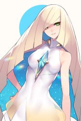 Rule 34 | 1girl, ban! (bansankan), bare arms, bare shoulders, blonde hair, blunt ends, breasts, colored inner hair, commentary request, creatures (company), dress, game freak, gradient dress, green eyes, hair over one eye, hand on own hip, highres, jewelry, long hair, looking at viewer, lusamine (pokemon), multicolored clothes, multicolored dress, multicolored hair, nintendo, parted lips, pokemon, pokemon sm, see-through, short dress, simple background, sleeveless, sleeveless dress, small breasts, smile, solo, standing, starry sky print, very long hair, white background, white dress