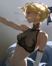 Rule 34 | 1girl, alternate costume, artoria pendragon (all), artoria pendragon (fate), bare shoulders, blonde hair, blue eyes, braid, breasts, covered erect nipples, dino (dinoartforame), dutch angle, elbow gloves, fate/stay night, fate (series), french braid, from side, gloves, gradient background, green eyes, grey background, hair bun, highres, nipples, parted lips, saber (fate), single elbow glove, single hair bun, small breasts, solo, white gloves