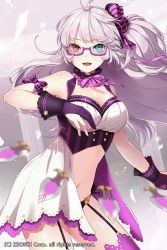 Rule 34 | 1girl, arbiter cabernet, arm ribbon, bare shoulders, bow, breasts, cleavage, detached collar, garter straps, glasses, gloves, hair bow, heterochromia, long hair, millgua, navel, ribbon, side ponytail, silver hair, solo, sword girls, thighhighs