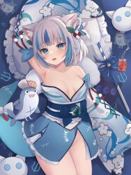 Rule 34 | absurdres, alternate costume, animal ear fluff, animal ears, arm up, armpits, bloop (gawr gura), blue eyes, blue hair, blue kimono, bottomless, breasts, cat ears, collarbone, commentary request, fins, fish tail, gawr gura, grey hair, groin, highres, hololive, japanese clothes, kimono, looking at viewer, lying, medium hair, multicolored hair, nekopurin (nyanko prin), no panties, on back, shark girl, shark tail, small breasts, streaked hair, tail, virtual youtuber