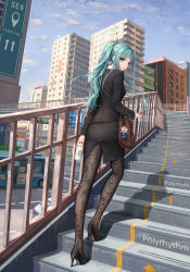 Rule 34 | 1girl, alternate costume, aqua hair, arm at side, back slit, bag, bang dream!, black footwear, black jacket, black pantyhose, black skirt, blue hair, blue sky, brown bag, building, bus, car, city, cityscape, closed mouth, cloud, commentary request, cup, day, disposable cup, earrings, eyes visible through hair, flower, formal, from behind, full body, green eyes, green hair, handbag, high heels, highres, hikawa sayo, holding, holding bag, holding cup, jacket, jewelry, long hair, looking back, miniskirt, motor vehicle, office lady, outdoors, pantyhose, pencil skirt, ponytail, print pantyhose, railing, road, road sign, shadow, sign, skirt, skirt suit, sky, skyscraper, solo, stairs, standing, starbucks, street, suit, traffic light, walking, white flower, yuzuriha (atelier liang)