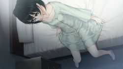 Rule 34 | 1girl, bed, black eyes, black hair, breasts, feet, game cg, glasses, innocent grey, kara no shoujo 2, legs, looking down, pillow, shoes, short hair, sitting, small breasts, sugina miki, thighs, twintails