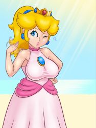 Rule 34 | 1girl, bare arms, bare shoulders, beach, blonde hair, blue eyes, breasts, brooch, crown, dress, earrings, eyelashes, hand up, highres, jewelry, large breasts, lips, looking at viewer, mario (series), mini crown, nintendo, no bra, open mouth, outdoors, pink lips, ponytail, princess peach, sleepiitreat, sleeveless, sleeveless dress, solo, sunlight, super mario sunshine, sweat, teeth
