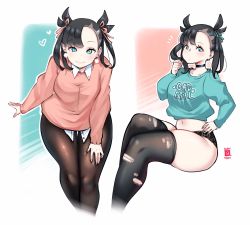Rule 34 | 1girl, black hair, choker, creatures (company), earrings, game freak, green eyes, hair ribbon, highres, jewelry, kenron toqueen, marnie (pokemon), nintendo, pantyhose, pokemon, pokemon swsh, ribbon, shorts, sweater, thick thighs, thighhighs, thighs, torn clothes, twintails