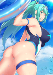 Rule 34 | 1girl, aqua eyes, aqua hair, arm strap, ass, aster crowley, back, bare shoulders, blue one-piece swimsuit, blue sky, blush, breasts, closed mouth, competition swimsuit, earrings, female focus, highleg, highleg swimsuit, highres, innertube, jewelry, large breasts, long hair, looking at viewer, matching hair/eyes, nintendo, one-piece swimsuit, pneuma (xenoblade), ponytail, skindentation, sky, smile, solo, spoilers, swept bangs, swim ring, swimsuit, thigh strap, thighs, tiara, two-tone swimsuit, water drop, white one-piece swimsuit, xenoblade chronicles (series), xenoblade chronicles 2