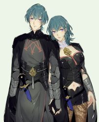 Rule 34 | 1boy, 1girl, armor, black gloves, black shorts, blue eyes, blue hair, brown pantyhose, byleth (female) (fire emblem), byleth (fire emblem), byleth (male) (fire emblem), cape, closed mouth, clothing cutout, dagger, fire emblem, fire emblem: three houses, gloves, highres, holding hands, knife, lace, lace-trimmed legwear, lace trim, medium hair, mizuno (iori-amu), navel, navel cutout, nintendo, pantyhose, pantyhose under shorts, sheath, sheathed, short hair, short shorts, shorts, simple background, weapon