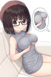 Rule 34 | &gt;:), 1girl, baozi, bare arms, bare shoulders, beret, black-framed eyewear, black eyes, black hair, blush, breast padding, breasts, brown hat, closed mouth, commentary request, couch, dress, food, glasses, grey sweater, hat, highres, large breasts, mimikaki (men bow), on couch, original, ribbed sweater, semi-rimless eyewear, simple background, sitting, sleeveless, sleeveless sweater, smile, solo, speech bubble, sweater, sweater dress, under-rim eyewear, v-shaped eyebrows, white background, x-ray