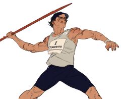 Rule 34 | 1boy, black hair, blue headwear, brown eyes, character name, chengongzi123, closed mouth, commentary, golden kamuy, grey tank top, hands up, highres, holding, holding javelin, javelin (spear), looking to the side, male focus, olympics, playing sports, scar, scar on arm, scar on face, scar on shoulder, short hair, shorts, simple background, standing, sugimoto saichi, symbol-only commentary, tank top, tongue, tongue out, visor cap, white background