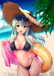 Rule 34 | 1girl, :d, aqua hair, awa yume, beach, bikini, bikini day, black bikini, blue sky, blurry, blurry background, blurry foreground, blush, breasts, cleavage, cloud, contrapposto, day, depth of field, eyewear on head, flower, green eyes, groin, hair flower, hair ornament, hairclip, hand on own hip, hat, highleg, highleg bikini, highleg swimsuit, highres, innertube, jacket, jewelry, kantai collection, large breasts, long hair, looking at viewer, navel, off shoulder, open mouth, outdoors, palm tree, pink jacket, ring, shiny skin, skindentation, sky, smile, solo, standing, stomach, straw hat, sunglasses, suzuya (kancolle), swim ring, swimsuit, thighs, tree, wedding band