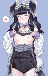 Rule 34 | 1girl, animal ears, black hair, blue archive, blue eyes, blush, breasts, breasts out, camisole, closed mouth, clothes lift, collar, cowboy shot, dog ears, dog girl, dog tags, dog tail, fishnet pantyhose, fishnets, goggles, goggles on head, hair bobbles, hair ornament, halo, heart, hibiki (blue archive), highres, jacket, kumadano, lifting own clothes, long hair, looking at viewer, multicolored clothes, multicolored jacket, nipples, no bra, pantyhose, purple collar, purple eyes, small breasts, solo, spoken heart, sweat, tail, twintails