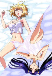Rule 34 | 10s, 2girls, absurdres, angelise ikaruga misurugi, bed sheet, blonde hair, blue hair, bow, bow panties, breasts, cleavage, covering breasts, covering privates, cross ange, dakimakura (medium), frilled panties, frills, highres, legs, lingerie, lying, midriff, multiple girls, naked sheet, navel, non-web source, nude cover, nyantype, official art, on back, open mouth, panties, salia (cross ange), strap slip, tank top, topless, underwear, white panties