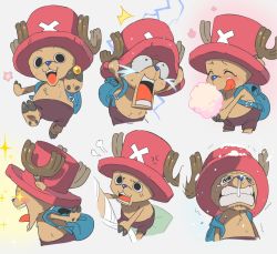 Rule 34 | anger vein, animal, annoyed, antlers, antlers through headwear, backpack, bag, bandages, black eyes, clenched teeth, cotton candy, crying, crying with eyes open, eating, excited, expressions, first aid, happy, hat, highres, holding, horns, medicine, multiple views, one piece, pink headwear, qin (7833198), reindeer, reindeer antlers, scared, shorts, sparkle, tears, teeth, tony tony chopper