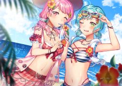 Rule 34 | 10s, 2girls, bad id, bad pixiv id, bang dream!, bare shoulders, belt, belt buckle, bendy straw, bikini, bikini top only, blue sky, blurry, blurry foreground, blush, breasts, brown belt, brown headwear, buckle, cleavage, cloud, cloudy sky, commentary request, cropped jacket, cup, day, depth of field, drinking glass, drinking straw, dutch angle, eyewear lift, flower, green eyes, green hair, hair flower, hair ornament, hair over shoulder, hair scrunchie, hat, hikawa hina, holding, holding cup, hood, hood down, hooded jacket, horizon, jacket, lifting own clothes, long hair, low twintails, maruyama aya, medium breasts, multiple girls, navel, ocean, one eye closed, open clothes, open jacket, outdoors, parted lips, pink hair, plaid, plaid bikini top, plaid skirt, pleated skirt, red-framed eyewear, red bikini, red eyes, red flower, red skirt, scrunchie, skirt, sky, small breasts, standing, straw hat, striped bikini, striped bikini top, striped clothes, sunglasses, swimsuit, teeth, tiny (tini3030), tropical drink, twintails, upper teeth only, water, white jacket, white scrunchie, yellow flower