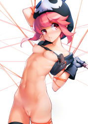 Rule 34 | 1girl, arm up, ataruman, black gloves, blush, breasts, cleft of venus, collarbone, gloves, hat, highres, jakuzure nonon, kill la kill, knife, life fiber, looking at viewer, navel, nipples, nudist beach uniform, pink eyes, pink hair, pussy, simple background, small breasts, solo, standing, string, uncensored, white background