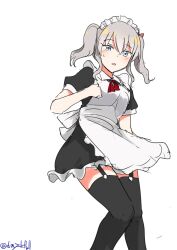 Rule 34 | 1girl, absurdres, alternate costume, apron, black dress, black thighhighs, blue eyes, dress, enmaided, feet out of frame, frilled apron, frills, garter straps, grey hair, highres, kantai collection, kashima (kancolle), long hair, maid, maid headdress, one-hour drawing challenge, robinson (day l full), short sleeves, simple background, solo, thighhighs, twintails, twitter username, white apron, white background