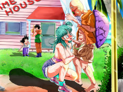 Rule 34 | 1girl, 3boys, ^ ^, age difference, aqua hair, aqua legwear, arms behind head, arms up, bald, barefoot, beard, black hair, blush, boots, breasts, bulma, caterwaul, censored, closed eyes, clothed sex, clothes pull, collared shirt, cutoffs, day, door, dragon ball, closed eyes, facial hair, feet, fellatio, full-face blush, full body, grass, green hair, hat, house, kame house, large breasts, legs, licking, long hair, looking at another, looking away, looking down, medium breasts, midriff, mosaic censoring, multiple boys, mustache, muten roushi, nipples, no bra, ocean, old, old man, one side up, open mouth, oral, orange shirt, outdoors, palm tree, penis, pink footwear, pink shirt, porch, shadow, shirt, shirt pull, shoes, short sleeves, shorts, shorts pull, side ponytail, sky, sneakers, socks, son goku, spiked hair, squatting, standing, stealth, straw hat, sunglasses, sweat, tank top, thighs, toes, tree, turtle shell, unbuttoned, unzipped, water, wet, white curtains, window, yamcha