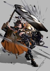 Rule 34 | 1girl, bag, black hair, bloomers, boots, cape, combat boots, cuts, damaged, falling, girls&#039; frontline, goggles, unworn goggles, gun, hk512 (girls&#039; frontline), holding, holding gun, holding weapon, injury, midriff, name tag, pants, shield, short hair, shotgun, simple background, solo, tuotuo, underwear, weapon