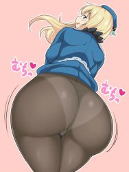 Rule 34 | 10s, 1girl, ass, atago (kancolle), blonde hair, blue eyes, blush, come hither, from behind, hat, highres, huge ass, jiggle, kantai collection, long hair, looking back, looking down, military, military uniform, naughty face, open mouth, panties, panties under pantyhose, pantyhose, pink background, seductive smile, shiny clothes, simple background, skirt, smile, solo, sumemako, thighs, underwear, uniform, wide hips