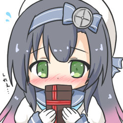 Rule 34 | 1girl, beret, black hair, blue neckwear, blue sailor collar, blush, box, covered mouth, flying sweatdrops, gift, gift box, gloves, gradient hair, green eyes, hands up, hat, holding, holding gift, juliet sleeves, kantai collection, long hair, long sleeves, looking at viewer, lowres, matsuwa (kancolle), multicolored hair, nose blush, pink hair, puffy sleeves, ri-net, sailor collar, shirt, simple background, sleeves past wrists, solo, translation request, upper body, white background, white gloves, white hat, white shirt