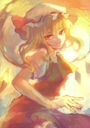 Rule 34 | 1girl, ascot, blonde hair, blouse, bow, closed mouth, crystal, flandre scarlet, from side, hat, hat ribbon, highres, light smile, looking at viewer, medium hair, miharu fake, mob cap, one side up, puffy short sleeves, puffy sleeves, red eyes, red ribbon, red skirt, red vest, ribbon, shirt, short sleeves, sidelocks, skirt, skirt set, solo, touhou, tsurime, vest, white bow, white hat, white shirt, wings, yellow ascot, yellow background