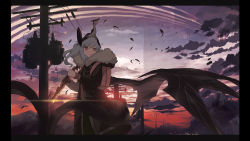 Rule 34 | backpack, bag, blue hair, cable, cloud, contrail, dragon, dragon girl, highres, instrument, mountain, original, red eyes, scenery, solo, twilight, whitebear