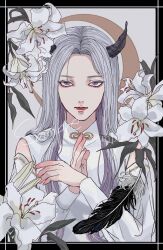 Rule 34 | 1girl, black border, black horns, border, chinese clothes, closed mouth, clothing cutout, commission, feathers, fingernails, flower, grey hair, highres, horns, kagoya1219, long hair, long sleeves, looking at viewer, original, outside border, parted hair, purple eyes, sample watermark, sanpaku, shoulder cutout, solo, straight-on, straight hair, upper body, watermark, white background, white flower
