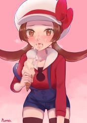 Rule 34 | 1girl, absurdres, bad id, bad pixiv id, blush, brown eyes, brown hair, brown thighhighs, commentary request, creatures (company), eyelashes, food, food on face, game freak, hat, hat ribbon, heart, heart in eye, highres, holding, ice cream, ice cream cone, ice cream on face, leaning forward, long hair, looking at viewer, lyra (pokemon), nintendo, norza, open mouth, overalls, pokemon, pokemon hgss, red shirt, ribbon, sexually suggestive, shirt, signature, sleeves past elbows, solo, strap slip, symbol in eye, teeth, thighhighs, tongue, twintails, white hat