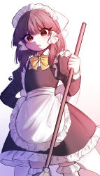 Rule 34 | 1girl, absurdres, alternate costume, apron, black dress, bow, bowtie, broom, brown hair, commentary, dress, enmaided, frilled dress, frills, hair tubes, hakurei reimu, highres, holding, holding broom, long hair, long sleeves, looking at viewer, maid, maid apron, parted lips, red eyes, simple background, solo, standing, tohou89, touhou, waist apron, white background, yellow bow, yellow bowtie