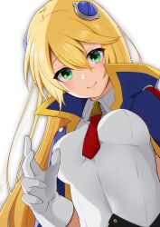 Rule 34 | 1girl, absurdres, blazblue, blonde hair, blue capelet, breasts, capelet, collared shirt, cropped shirt, from below, gloves, gold trim, green eyes, hair between eyes, hair ornament, hand up, highres, ika (draw ika02), impossible clothes, impossible shirt, long hair, looking down, medium breasts, noel vermillion, popped collar, red ribbon, ribbon, shadow, shirt, sidelighting, simple background, smile, solo, upper body, white background, white gloves, white shirt