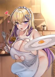 Rule 34 | 1girl, :d, absurdres, apron, bare shoulders, blonde hair, blue nails, blush, boryeon (last origin), bottomless, breasts, cleavage, cleavage cutout, clothing cutout, coffee maker, colored inner hair, cowboy shot, earrings, egg, egg (food), fang, food, fried egg, frilled apron, frills, hair between eyes, hair ornament, heart, heart-shaped pupils, heart cutout, highres, holding, holding plate, holding spatula, huge breasts, indoors, jewelry, kitchen, last origin, leaning forward, long hair, looking at viewer, mole, mole on breast, multicolored hair, nail polish, naked apron, open mouth, pink hair, plate, purple eyes, purple nails, red nails, sepia background, sidelocks, signature, skindentation, smile, solo, spatula, symbol-shaped pupils, tongtangtong, triangle hair ornament, two-tone hair, very long hair, white apron, yellow nails