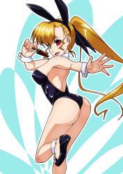 Rule 34 | 1girl, animal ears, ass, black leotard, blonde hair, blush, breasts, fake animal ears, food, green eyes, heterochromia, highres, large breasts, leotard, long hair, looking at viewer, looking back, lyrical nanoha, mahou shoujo lyrical nanoha strikers, mahou shoujo lyrical nanoha vivid, open mouth, playboy bunny, ponytail, popsicle, rabbit ears, red eyes, shiny clothes, shiny skin, simple background, smile, solo, standing, tappa (esperanza), teeth, tongue, tongue out, two-tone background, upper teeth only, vivio